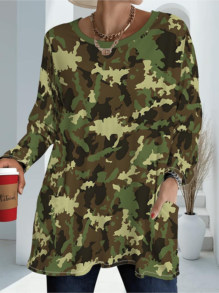 Large Size Women's Camouflage Print/Long Sleeve T-Shirt/Double Pocket/Fashion Crew Neck