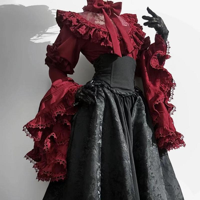 Vintage Blondeblonder Patchwork Langermet Lolita Skjorter Kvinner Høy Midje Medium Lengde Løse Skjørt Vår Høst