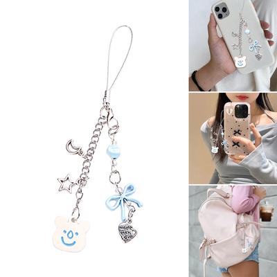 Sweet Bear Bowknot Heart Charm Pendant Chain Phone Strap Pocket Keychain Strap Hangings Decoration for Key Bag Purse