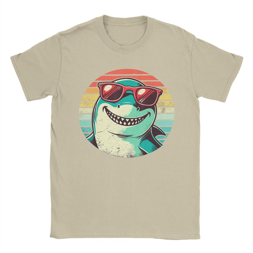 Cool Shark with Sunglasses Retro Sunset Cotton T Shirt For Couple Summer TShirts Crew Neck Leisure Tee Shirt Plus Size Tops