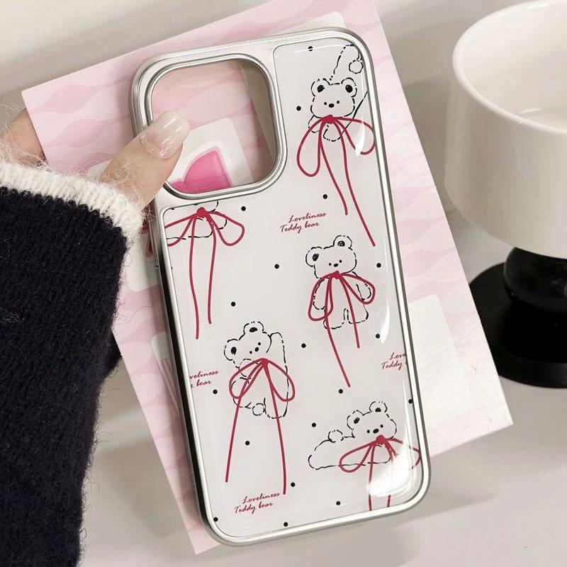 Japan and South Korea Ins Long Bow Bear Is Suitable for Apple 16/17 Mobile Phone Case iPhone14 Water Condensation 13 Electroplating 15 Sets