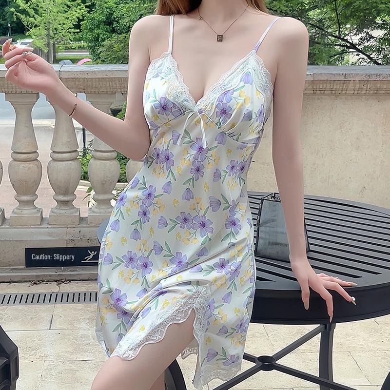 Women’s Sexy Lace Spaghetti Strap Ice Silk Nightgown Pajamas with Chest Pad - Summer Sweet Print