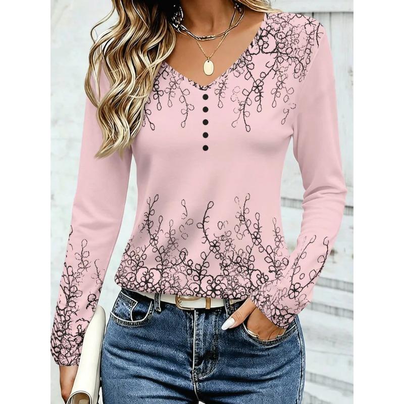 Autumn Women's 3D Stripe Printed V-Neck Long Sleeve T-Shirt Ethnic Style