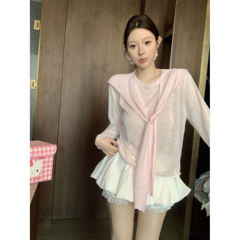 Kumikumi Idle Style Stripes Shawl Thin Long Sleeves T-shirt Female Autumn New All-Matching Slimming Sun Protection Top