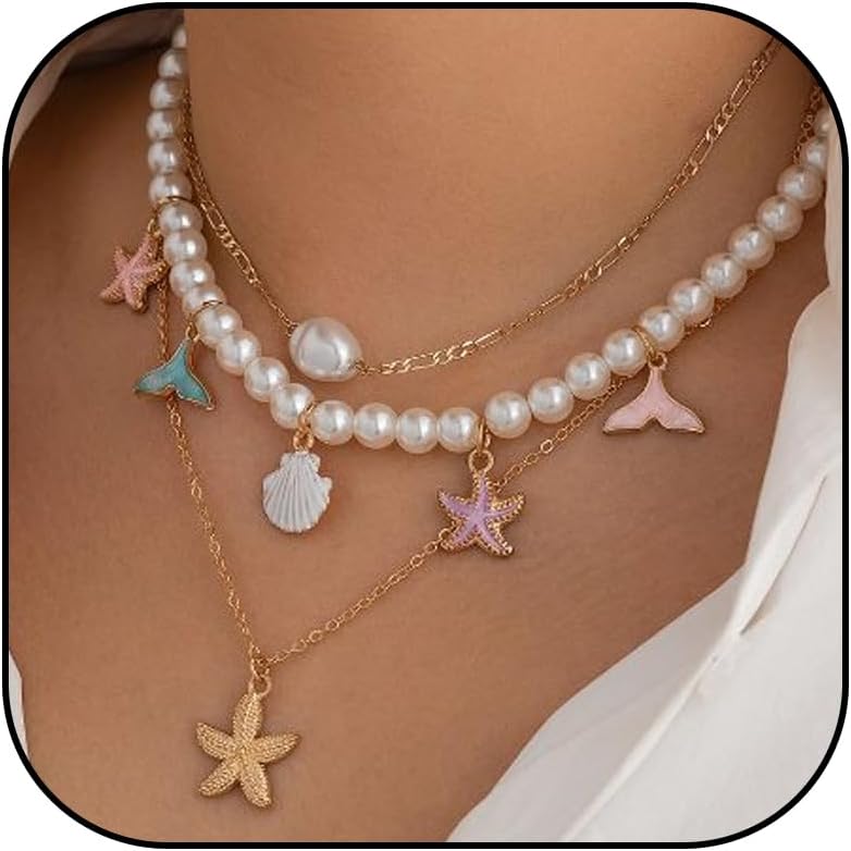 Dcfywl731 Starfish Seashell Necklace for Women Shell Pendant Accessories Chunky Gold Beach Jewelry Womens Fashion Accessories Summer Outfits for