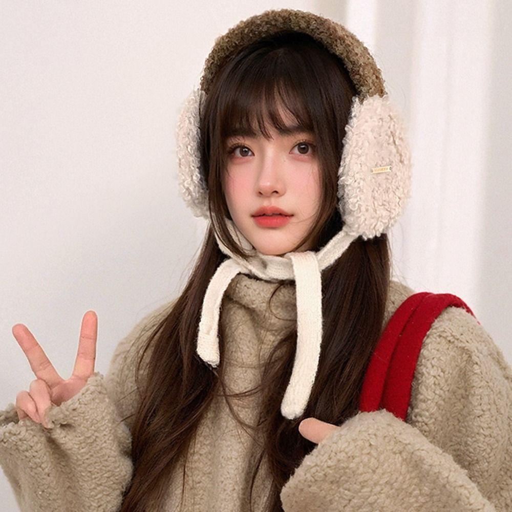 Rolled Plush Earmuffs Color Matching Ear Protection Fashion Lace-up Pullover Hat Winter Outdoor