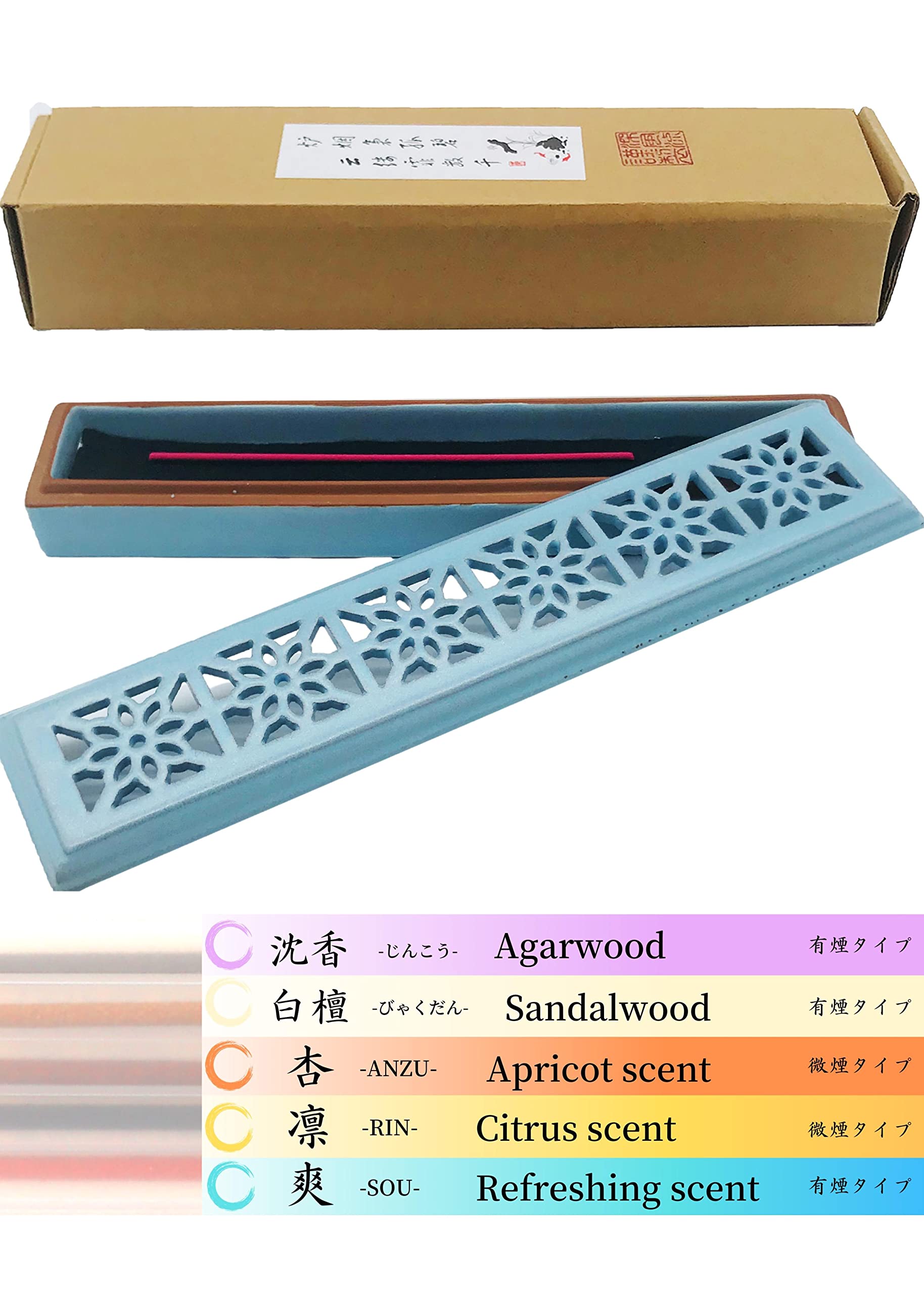 

A horizontal incense burner with a lid that lets you try five different scents with five types of incense Sandalwood Agarwood Apricot scent Citrus