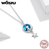 WOSTU 925 Silver Moon & Cat Star Necklace Blue Enamel Long Chain Link Necklace For Women Fashion Jewelry CQN422