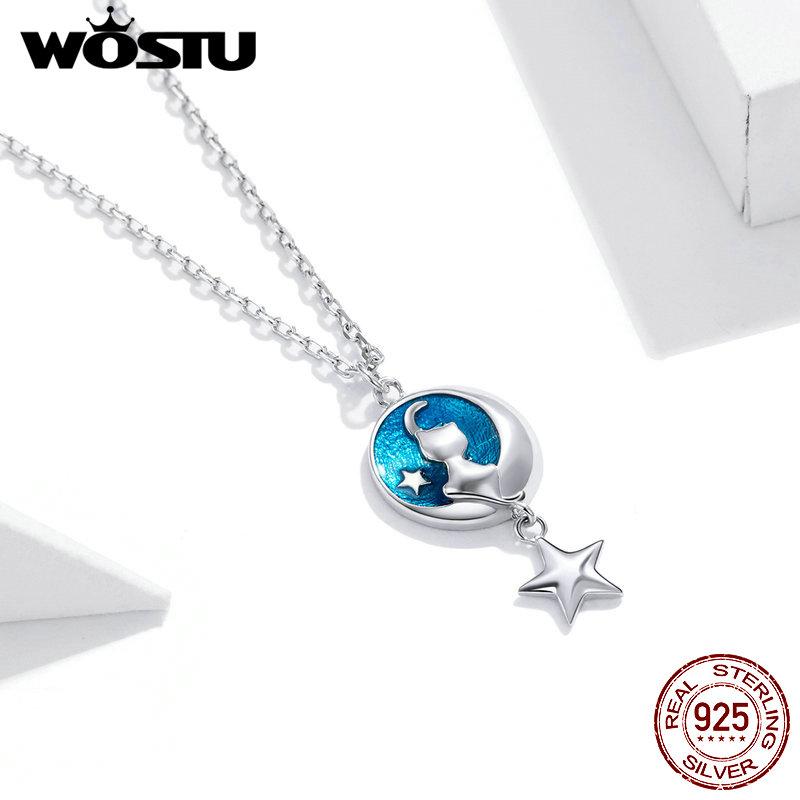 WOSTU 925 Silver Moon & Cat Star Necklace Blue Enamel Long Chain Link Necklace For Women Fashion Jewelry CQN422