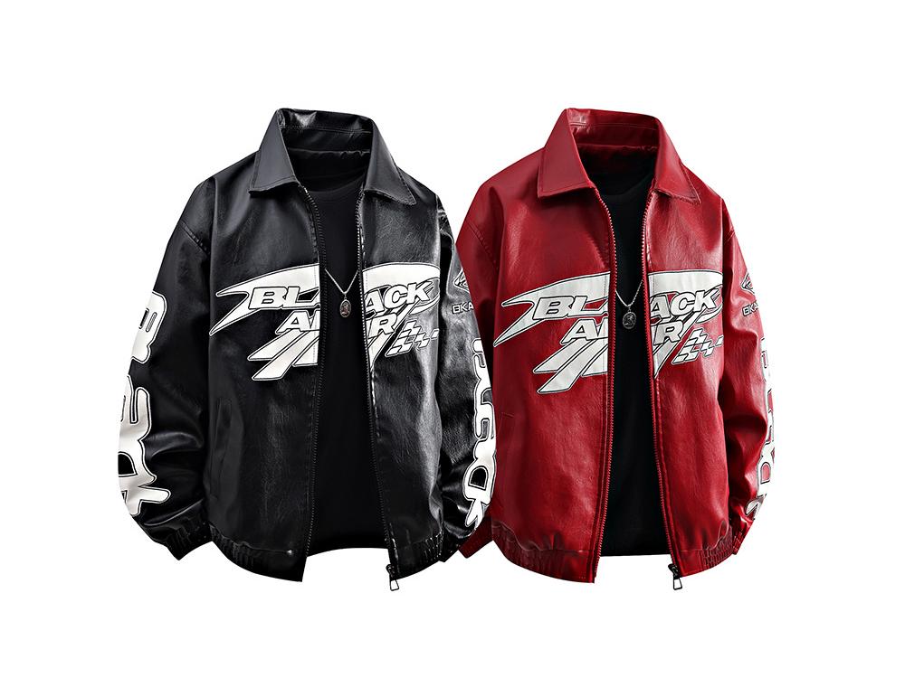 Men's American Racing Style Leather Jacket - Streetwear, Stand Collar, Cool Hip-Hop High Street Trend, Motorcycle Outerwear.