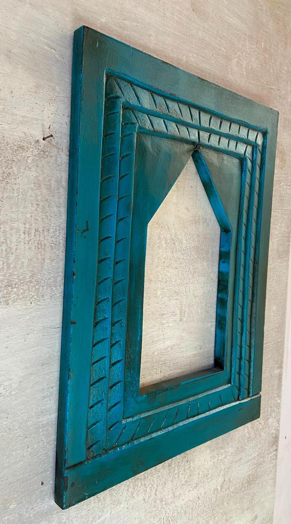 Blue Painted Wood Wall Frame: Carved Floral Indian Art Decor