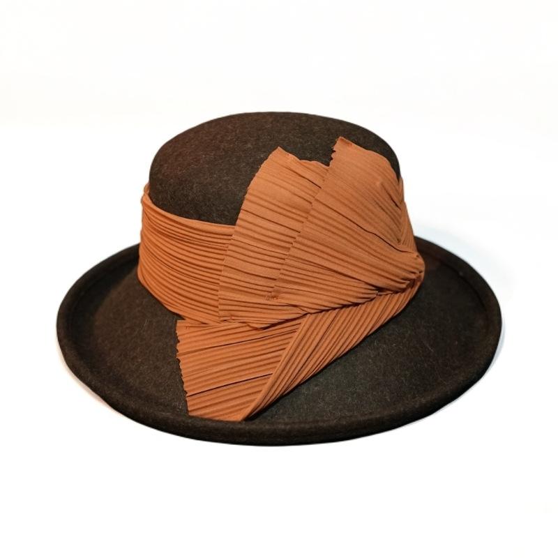 French Elegant Retro Brown Beige Woolen Flanged Crimped Basin Hat Women'S Autumn And Winter British Japanese Felt Top Hat