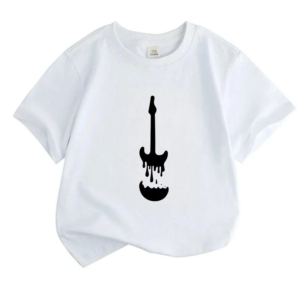 Kids Boys Girls 100% Cotton O-neck Short Sleeve T-shirt, Cool Melting Electric Guitar Printed Casual Soft Tees for Music Lovers, Breathable Summer Dai