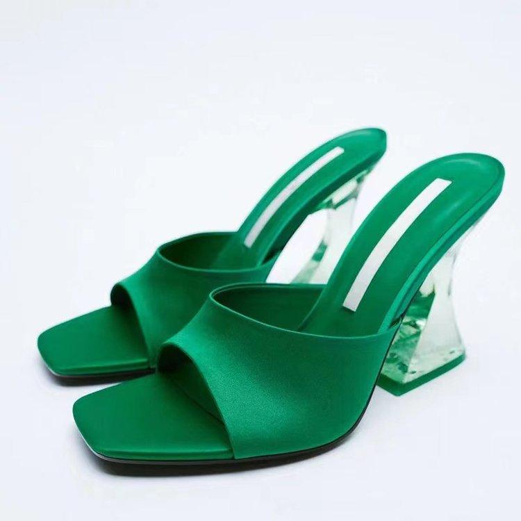 

2022 new women s high-heeled cool slippers satin large size crystal heel solid color European and American sexy fashion sandals 36