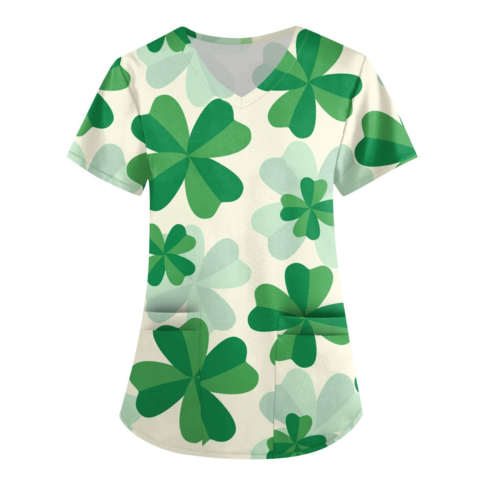 

Женская симпатичная принтованная рабочая одежда с V-образным вырезом, двухслойными карманами, базовым коротким рукавом, пуловером XL белый