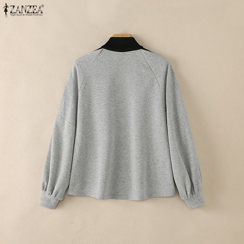 ZANZEA Women Casual Stand Collar Splice Long Sleeve Blouse Tops