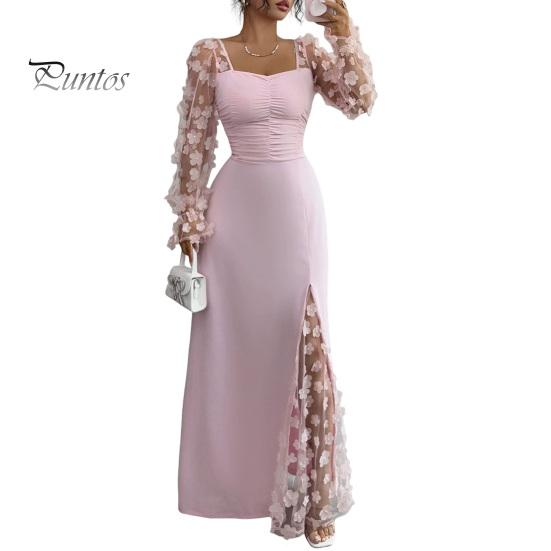 Summer Maxi Dress Flower Lace Sleeve Long for Women, Square Neck Ruffle A-Line Slim Waist Dress, Solid Color Party Soft Women