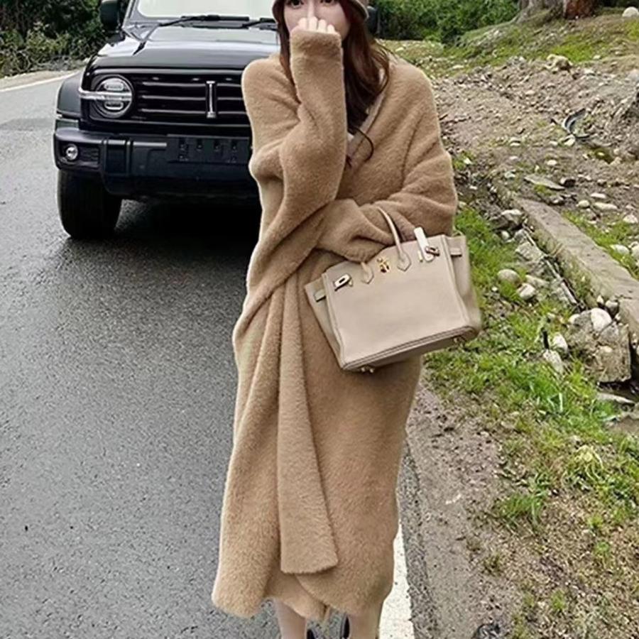 Autumn Women's Loose Long Sleeve Knit Cardigan Overcoat Lazy Style Faux Fur Knit Sweater for Women