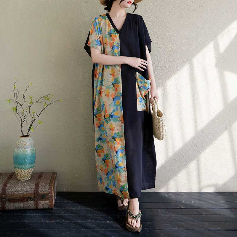 Women's Cotton and Linen Retro Slimming Short Sleeved Color Blocked Dress