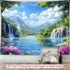 Waterfall Lake Tapestry Wall Hanging, Green Mountain Forest & Pink Flower Nature Landscape Wall Art for Home Decor