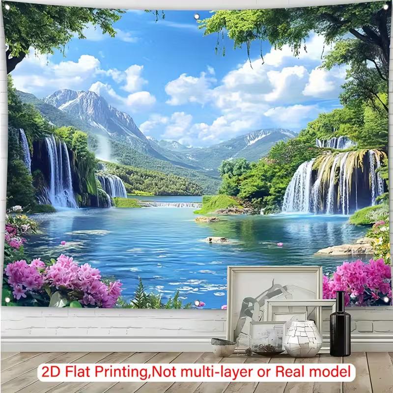 Waterfall Lake Tapestry Wall Hanging, Green Mountain Forest & Pink Flower Nature Landscape Wall Art for Home Decor