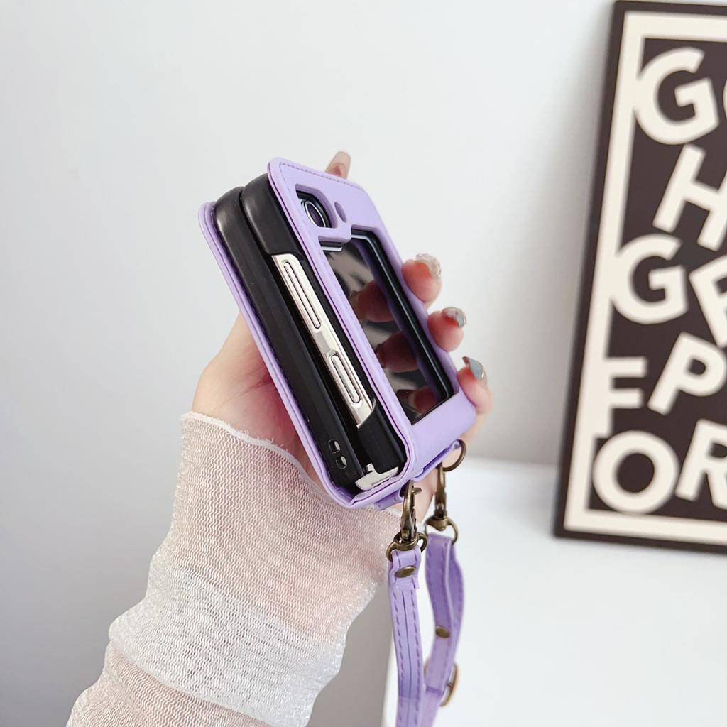 Applicable To Samsung Z Flip6 Mobile Phone Case Zflip5 Solid Color New Magnetic Suction Leather Case Diagonal Straddle Rope Mobile Phone Case