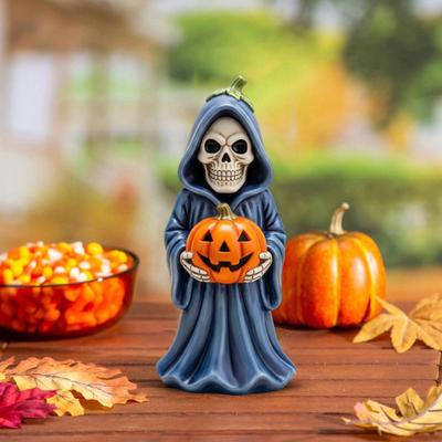 Yousheng Halloween Skull Pumpkin Figurine Resin Skeleton Holding Pumpkin Statue Spooky Tabletop Ornaments for Indoor Home Decor