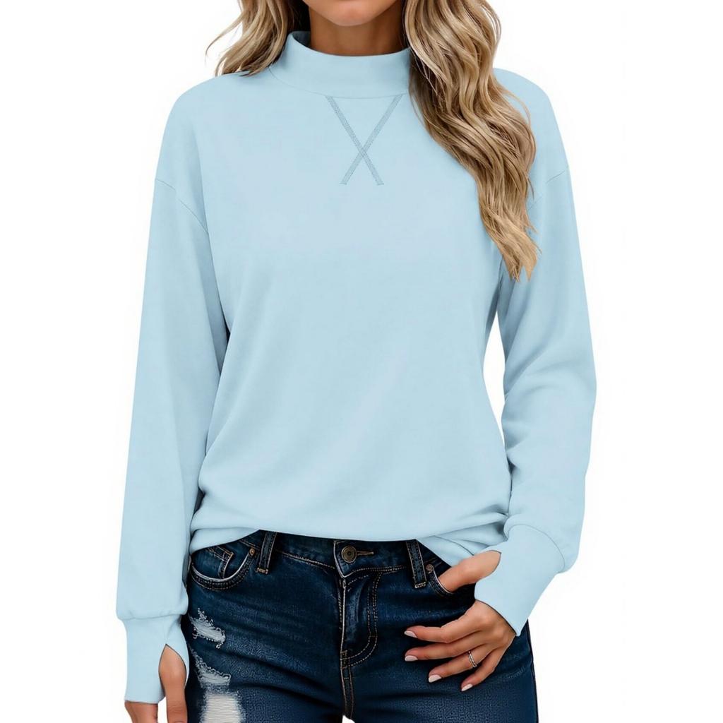 Women's Casual Mock Neck Long Sleeve Top with Thumb Holes