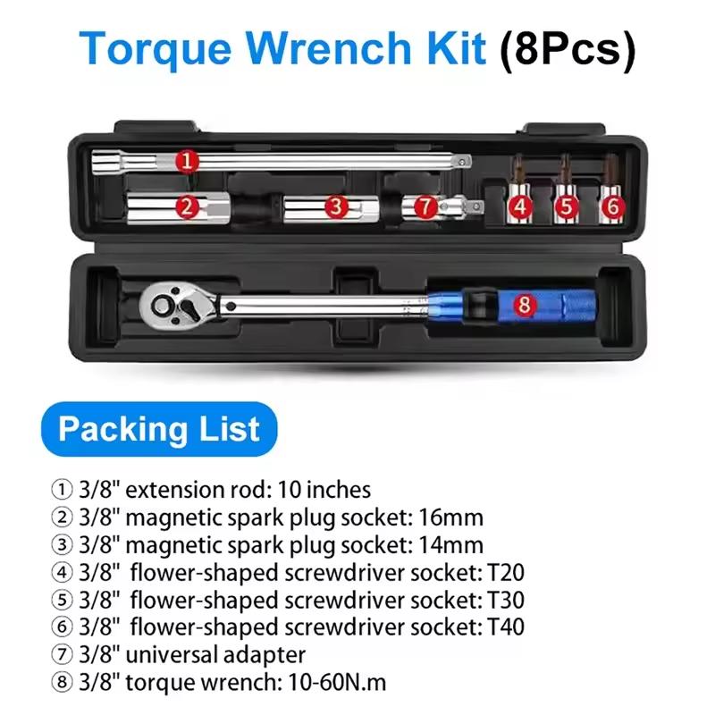 

Precision-Adjustable Torque Wrench Kit 3/8 10-60N.m with Dual-Direction Ratchet & Magnetic Spark Plug Removal Tool