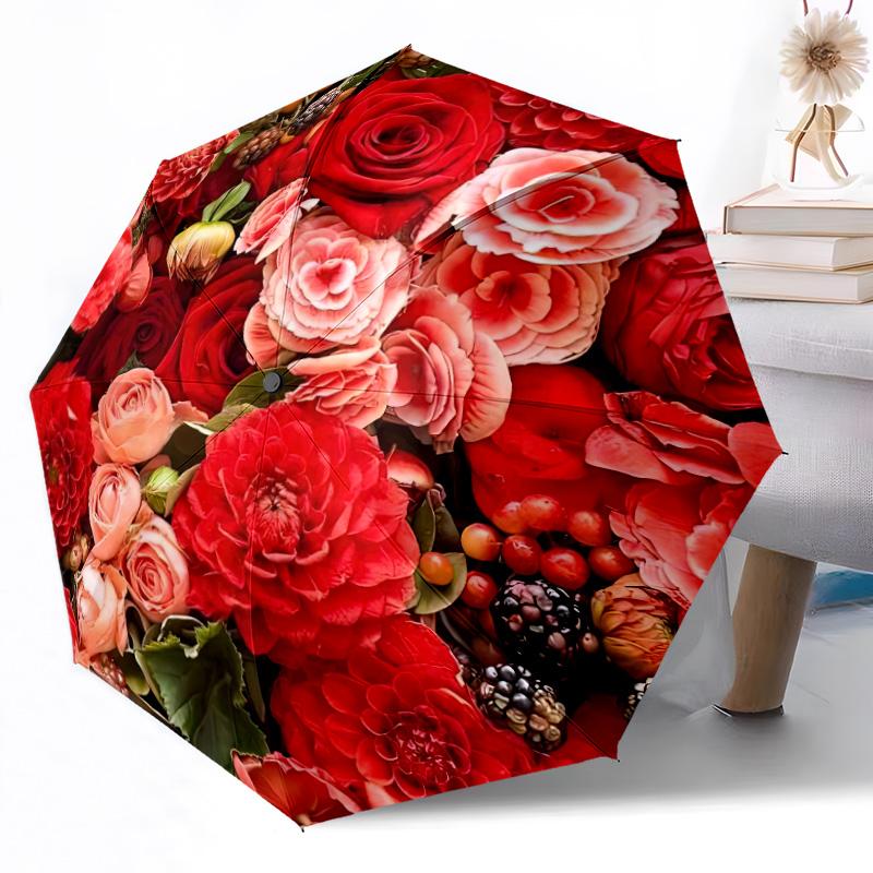Pink Roses And Butterflies Automatic Umbrella Retractable Design with 8-Rib Durability Sturdy Construction All-Season Umbrella for Travel