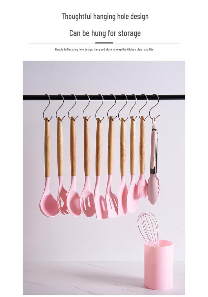 12-Piece Silicone Kitchen Utensil Set - Heat Resistant, Non-Slip Wooden Handles for Baking & Cooking