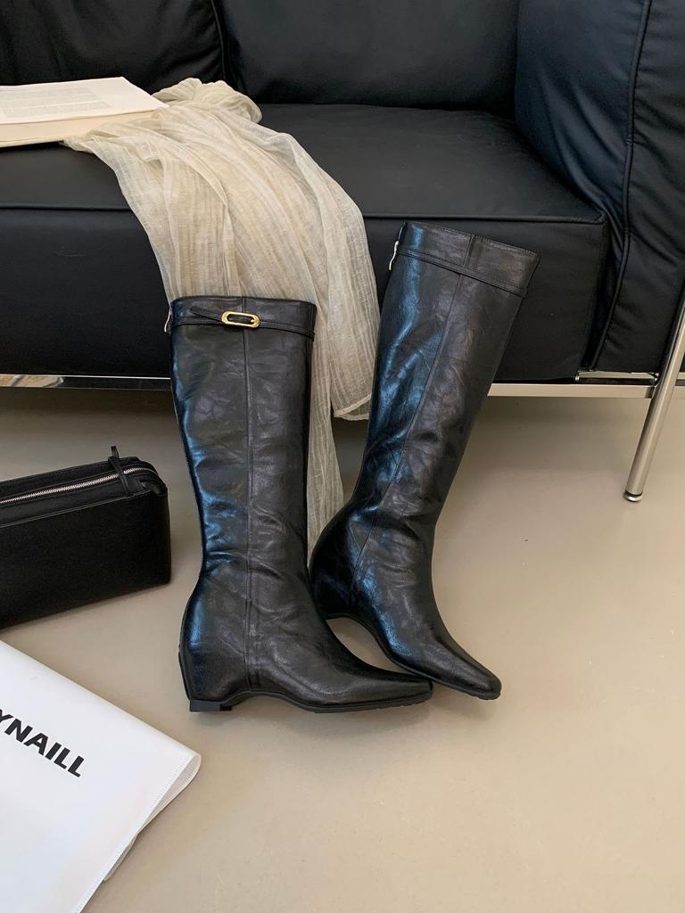 Small inner height increase white boots autumn and winter new boots long boots women's belt buckle high heel thin boots