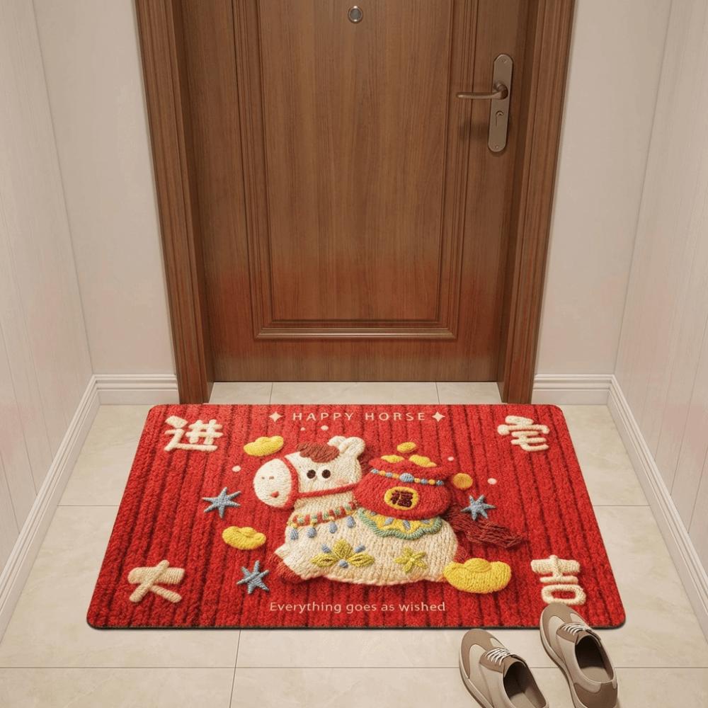 New Horse Pattern New Year Door Mat Red Door Carpet Soft Water Absorption Blanket Home Decorations