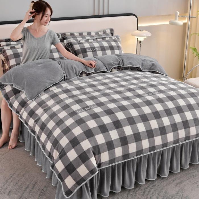 Thickened Milk Fleece Four-Piece Coral Fleece Quilt Cover, Bed Sheet Fleece Double-Sided Fleece Flannel Bedding, Bed Skirt