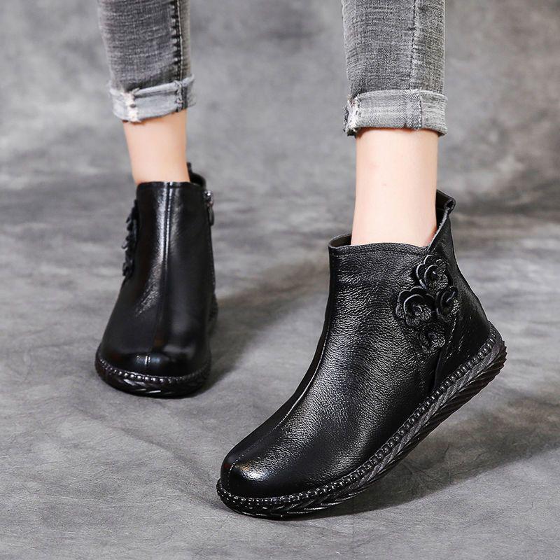 Women's Genuine Leather Winter Plush Ankle Boots - Comfortable, Non-Slip, Soft Flat Bottom for Middle-Aged & Elderly