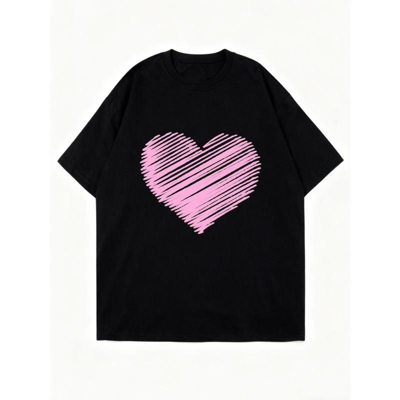 Oversized T Shirt Black Pink Heart Print Casual Wear For Women Summer Outfit Street Style Fashion Top