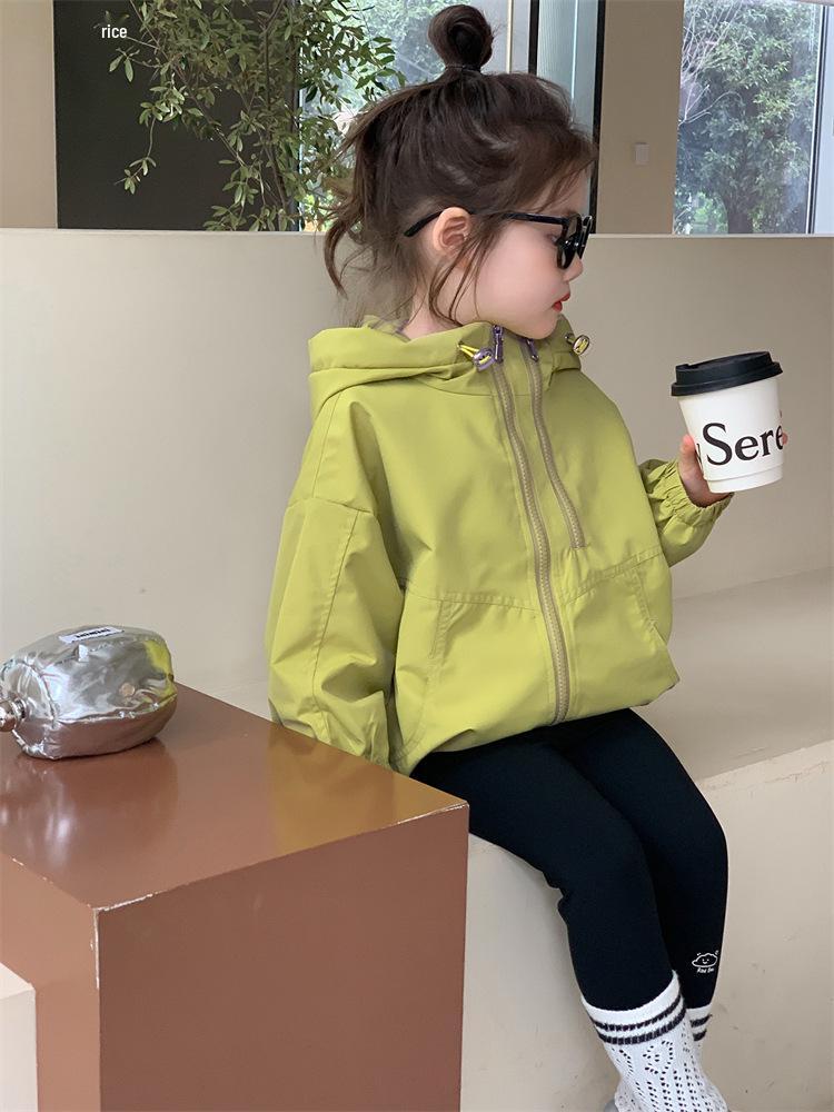 Autumn 2025 Korean Style Girls' Hooded Windbreaker Coat with Double Zipper