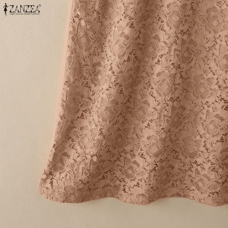 ZANZEA Damen Freizeit Rundhals Locker 3/4 Ärmel Spitze Patchwork Kleid