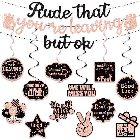 Pre-Strung Rude That You re Leaving But Ok Glitter Banner, Rose Gold Going Away Party We Will Miss You Decorations, Great for Goodbye Farewell Job розового золота