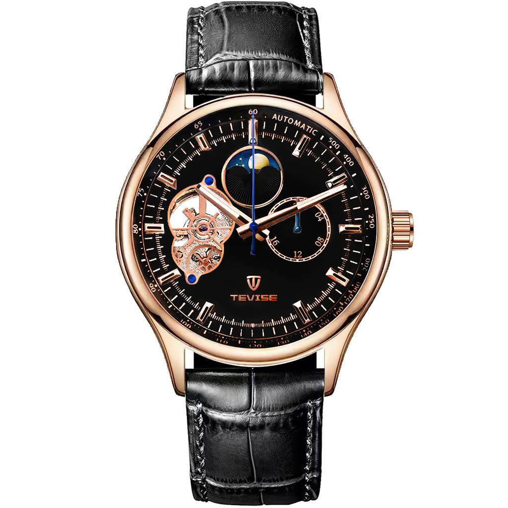 Men's Fully Automatic Mechanical Watch Tourbillon Hollow Dial 24-hour Moon Phase Window Business Waterproof Noctilucent Men's Fashion Mechanical Watch