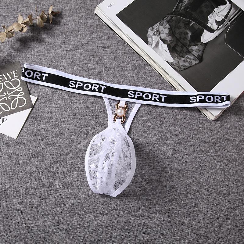 Sexy Floral Lace Mini Thong Men Sissy Lingerie See Through Bugle Pouch G-String Exotic Breathable Crossdress Rhinestone Undies