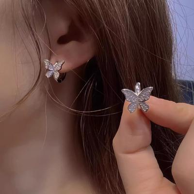 Micro Inlaid Butterfly Earrings Fairy Ear Buckle Inlaid Zirconia Commuting with Ins Wind Small Studs Long-Lasting Color Office Versatile Daily Wear