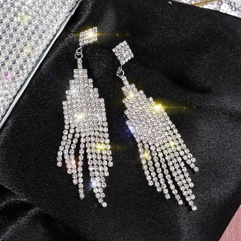 Inlaid Rhinestone Flowers Long Tassel Women Earrings Temperament Silver Needle Exaggerated Zircon Drop Earrings Sparkle Jewelry