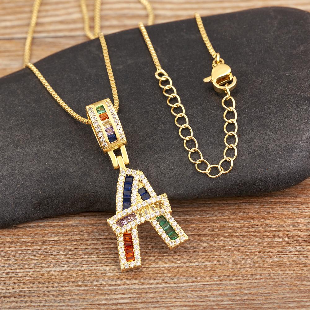 Nidin Simple Fashion 26 A-Z Letters Alphabet Rainbow Cubic Zirconia Pendant Necklace For Women Men Hip-Hop Style Copper Jewelry