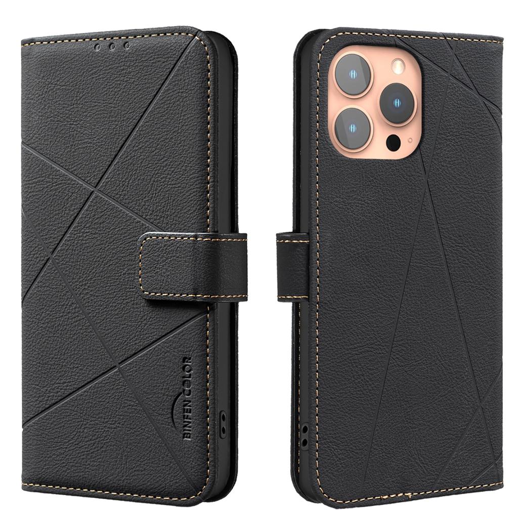 For iPhone 16 Pro Max Case BINFEN COLOR BF35 Geometry Imprinted Leather Phone Cover RFID Blocking Wallet Stand