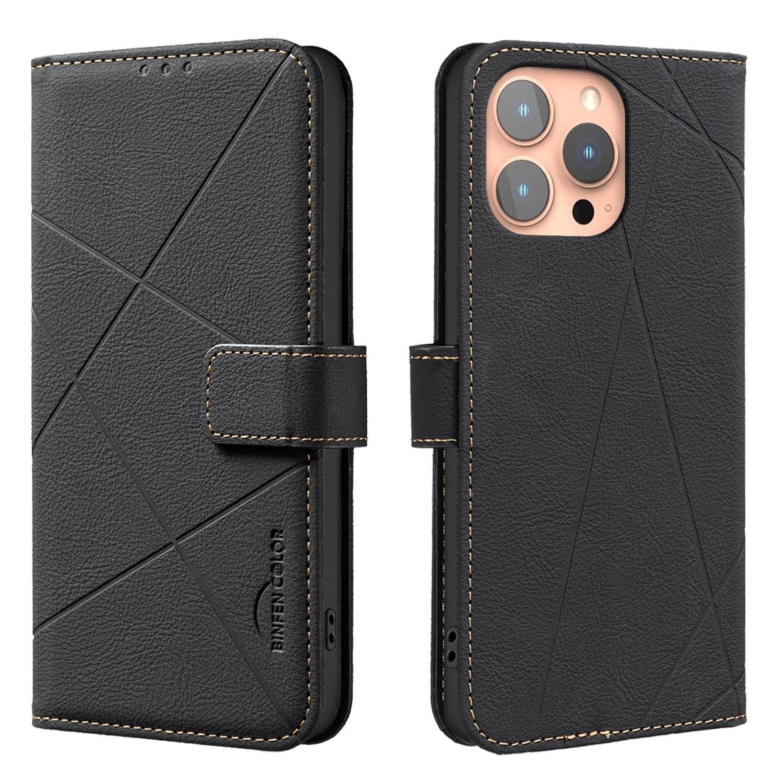 

For iPhone 16 Pro Case BINFEN COLOR BF35 Geometry Imprinted Leather Phone Cover RFID Blocking Wallet Stand Black