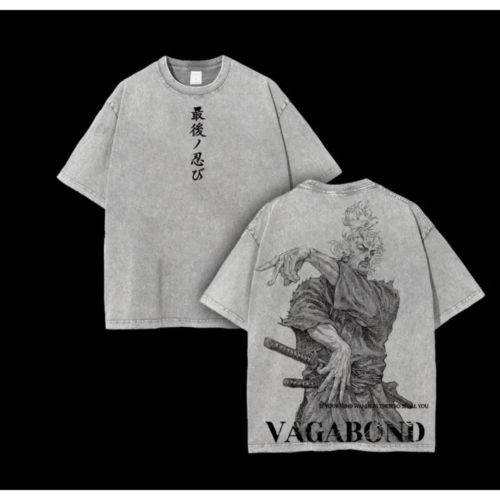 

Бродяга Мусаси Миямото Одежда Мужские Футболки с Коротким Рукавом Манга Винтажная Выстиранная Футболка Повседневная Хлопковая Футболка Харадзюку Мужская Футболка XXL серый