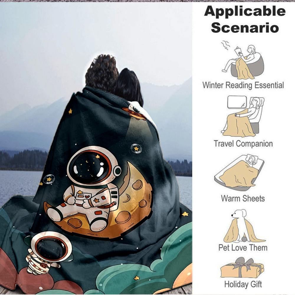 1pc Astronaut Moon Lightweight Flannel Blanket, Comfortable and Warm Blanket, for Office and Camping Sofa Bed, Livingroom047