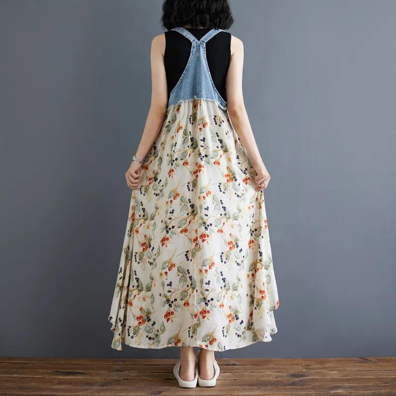 Summer Ladies Ruffled Dress Loose Chiffon Printed Denim Suspender Skirt