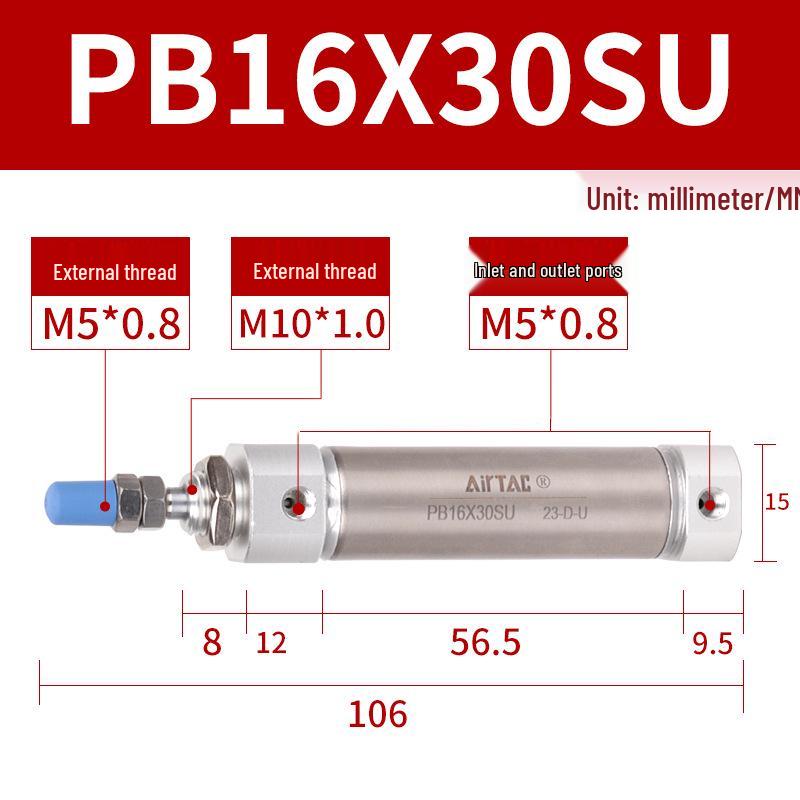 AirTAC Mini Pen-Type Pneumatic Cylinder PB16/10/12/16*10X15X20X50X75SUX100
